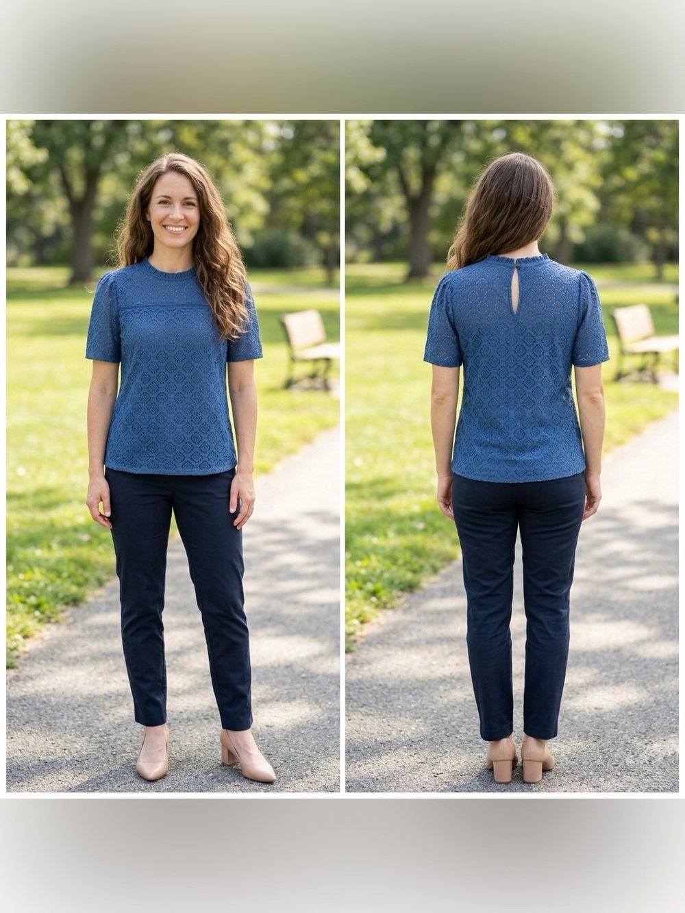 Loft Women’s Navy Short Sleeve Lace Pattern Round Neck Top Size Medium